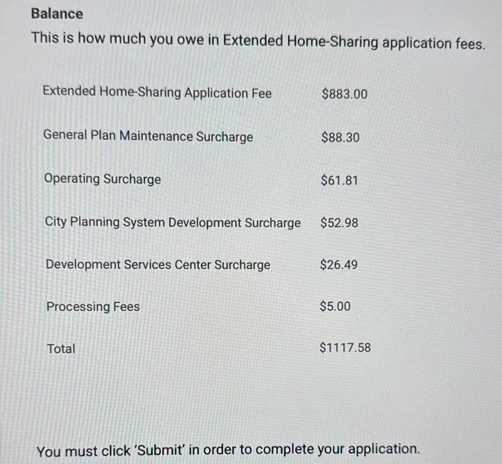 HARP balance screen reading “This is how much you owe in Extended Home-Sharing application fees,” listing the Extended Home-Sharing Application Fee at $883.00, General Plan Maintenance Surcharge $88.30, Operating Surcharge $61.81, City Planning System Development Surcharge $52.98, Development Services Center Surcharge $26.49 and Processing Fees $5.00, for a total of $1117.58, above a note that you must click Submit to complete the application.