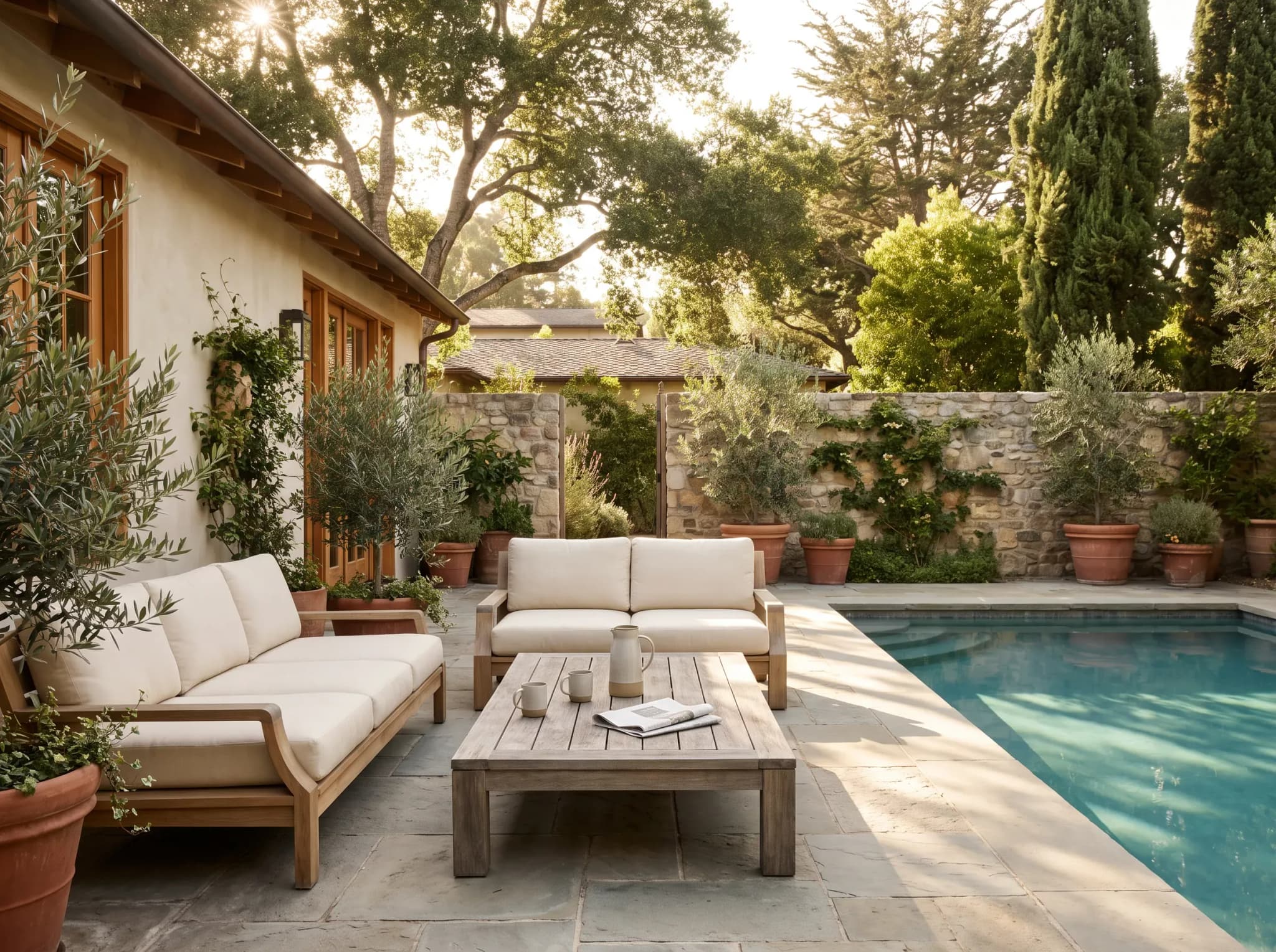 Mediterranean-style pool terrace with teak outdoor sofas, cream cushions, and a weathered coffee table on stone pavers, surrounded by terracotta olive trees and a vine-covered stone wall at golden hour.