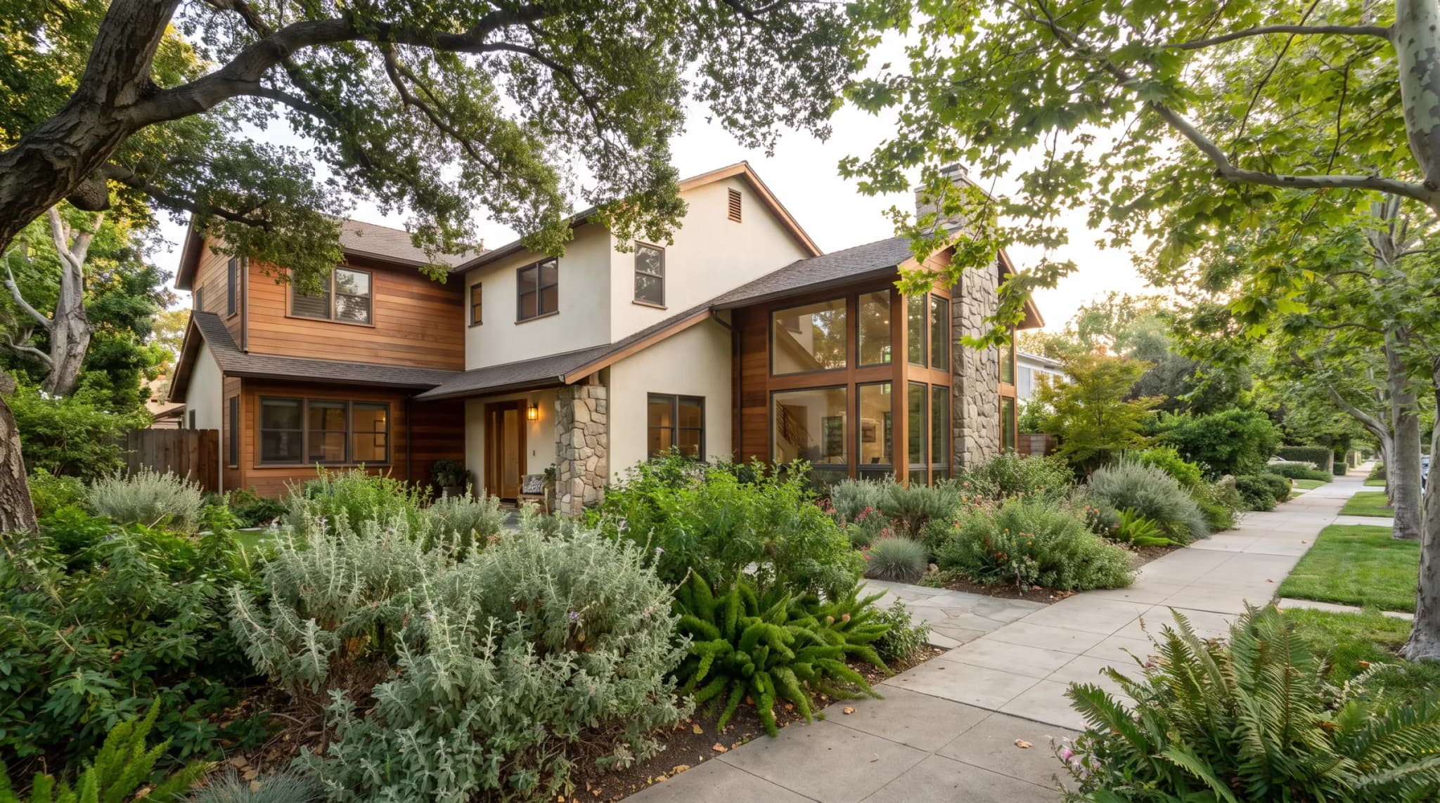 Studio City two-story home with cedar siding, cream stucco, and stone cladding, framed by mature trees and a drought-tolerant native garden along a tree-lined sidewalk