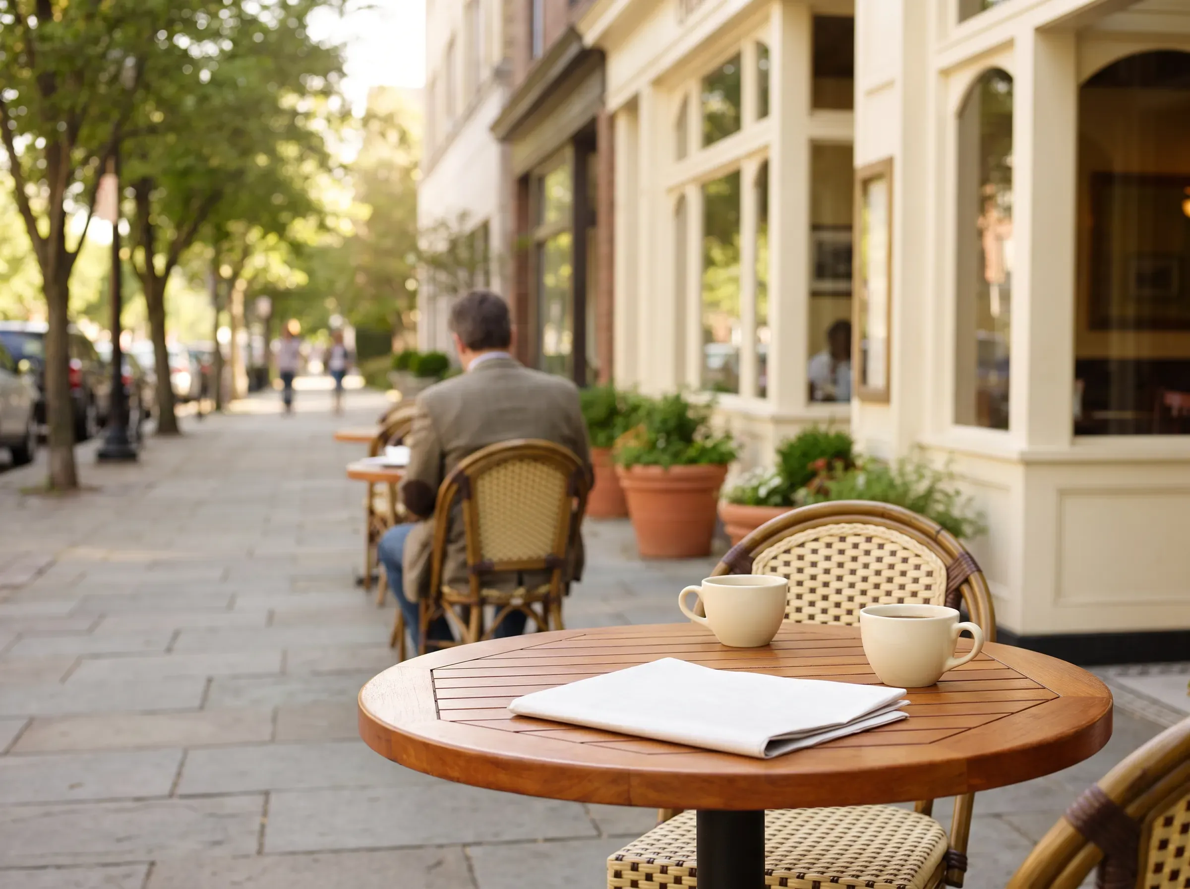 Tree-lined sidewalk café patio with round wooden bistro table, two cream ceramic mugs, and woven rattan chairs outside a cream-painted storefront on a quiet walkable street.