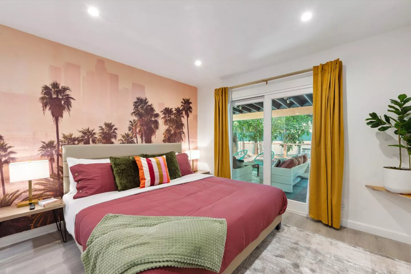 Modern Woodland Hills vacation rental bedroom with natural light and designer styling